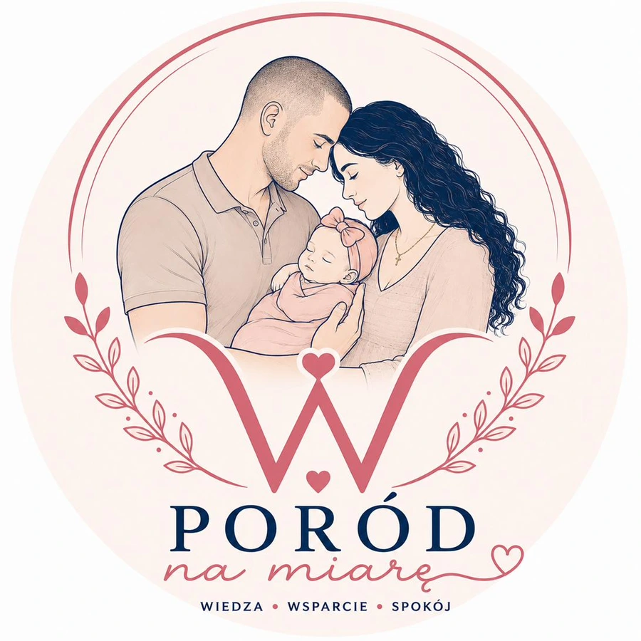 Logo PoródNaMiarę.pl — rodzice pochyleni nad nowo narodzoną córką, w otoczeniu wieńca i litery W