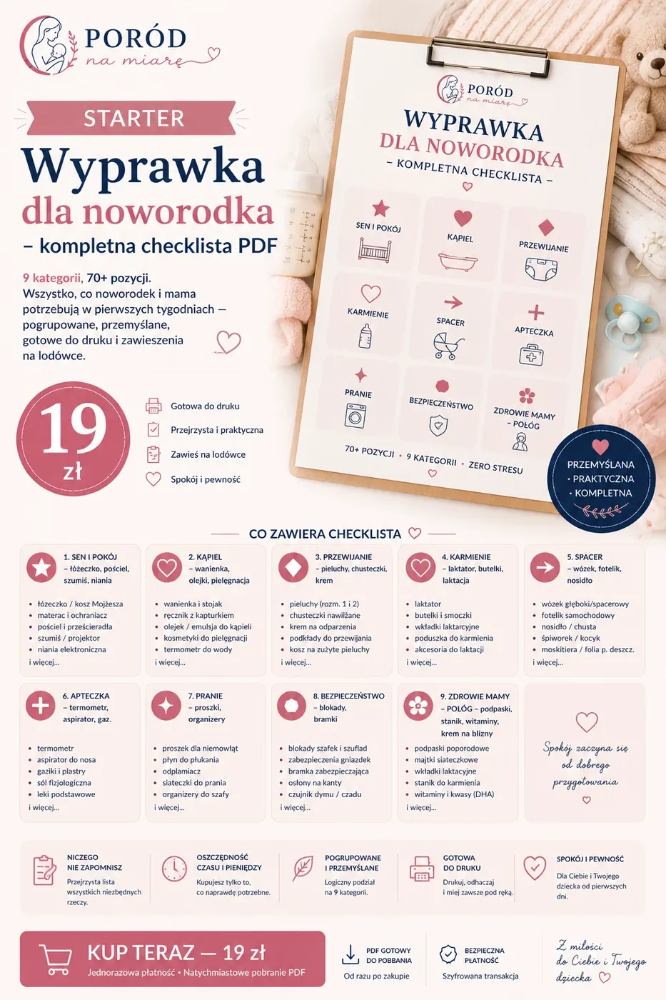 Wyprawka dla noworodka — podgląd checklisty PDF z 9 kategoriami i 70+ pozycjami